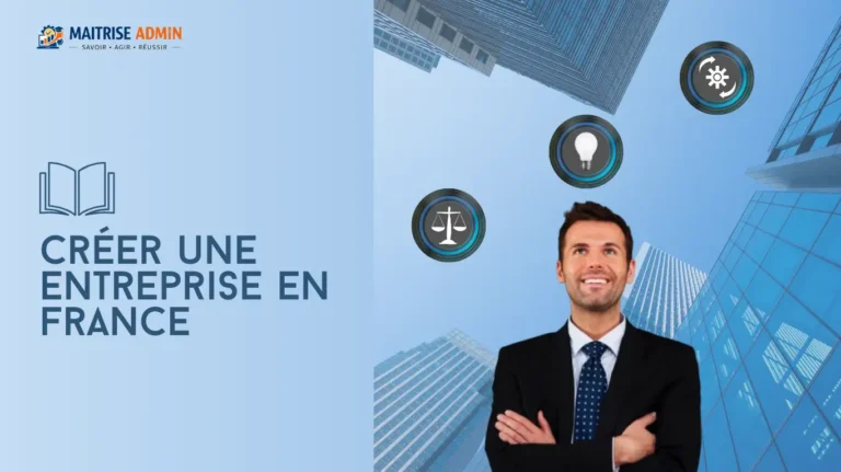 image séparée en 2 : à droite, sur un fond d'immeuble pris en dessous, un homme debout, souriant avec 3 icônes au dessus de sa tête - ampoule pour idée de société, balance pour création, engrenage pour processus - et à gauche, icone livre ouvert avec titre du cours en dessus