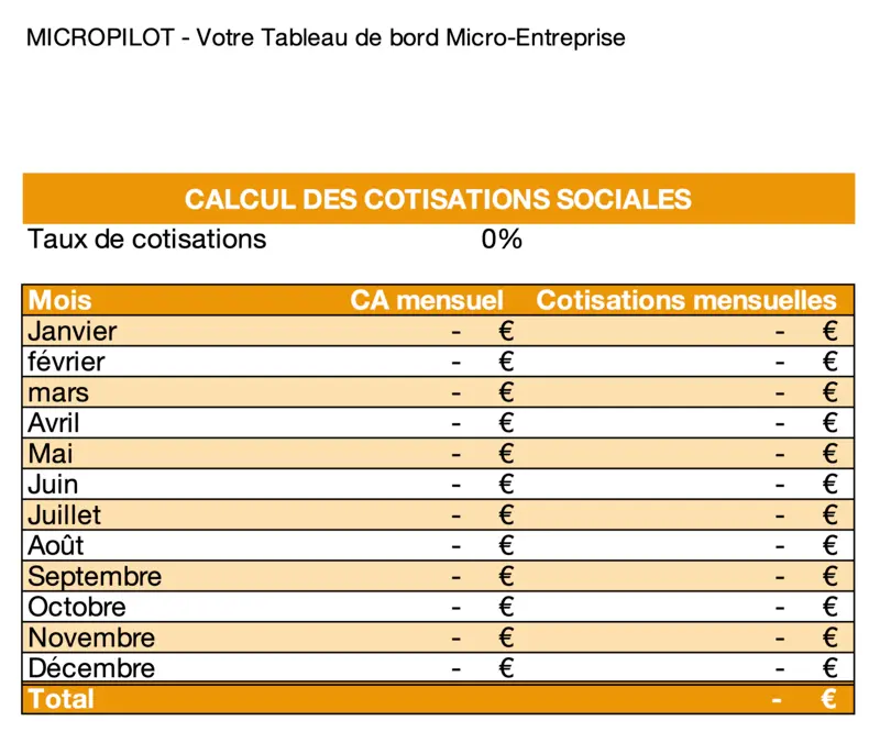 Aperçu du tableau de calcul des cotisations sociales pour suivi micro-entreprise Excel