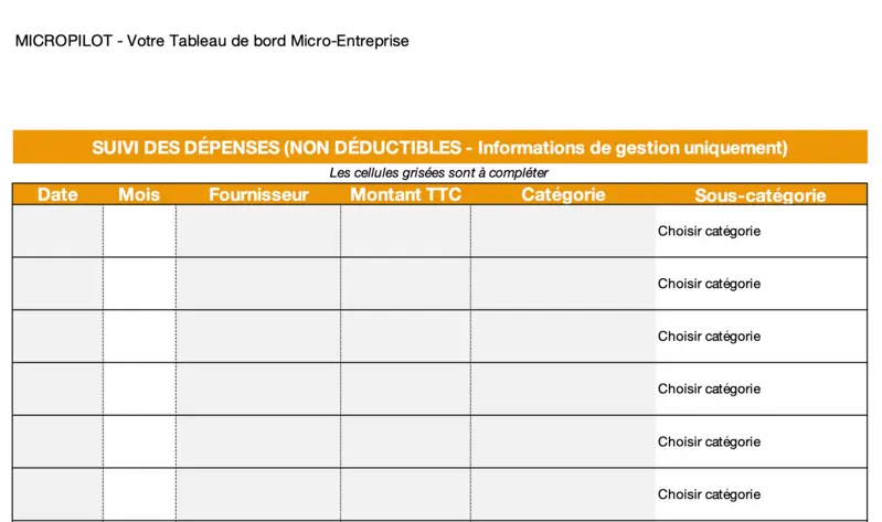Aperçu du tableau des dépenses microPilot pour suivi micro-entreprise Excel