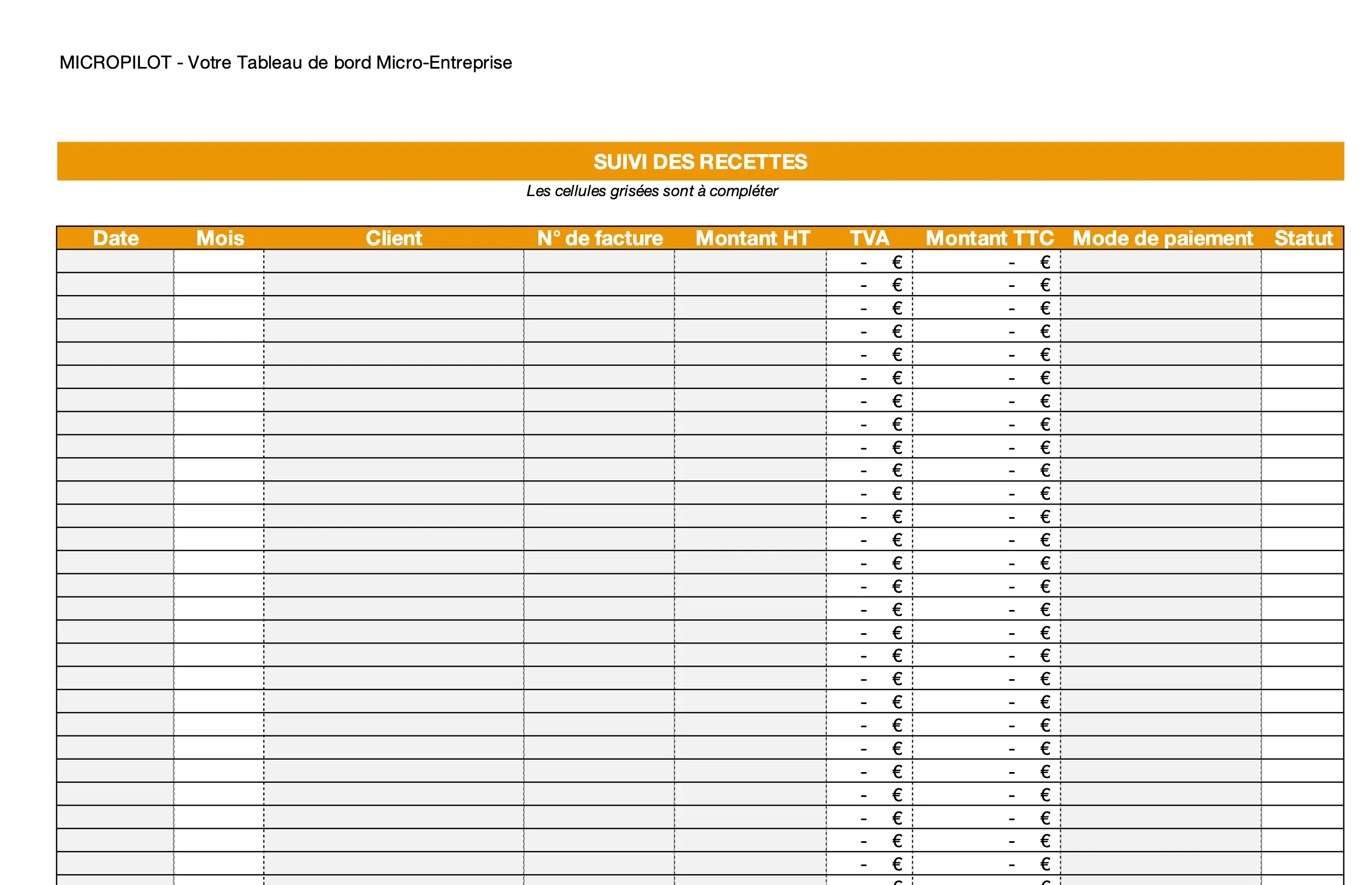 Aperçu du tableau des recettes de MicroPilot pour suivi micro-entreprise Excel