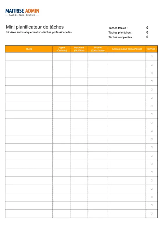 Aperçu du tableau de mini-planificateur de tâches sur Excel