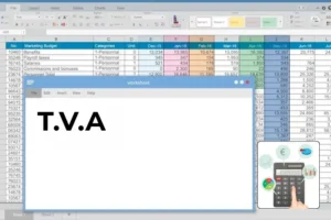 Tableau Excel affichant un budget avec une fenêtre TVA et une calculatrice, illustrant la conversion de montants hors taxes et toutes taxes comprises