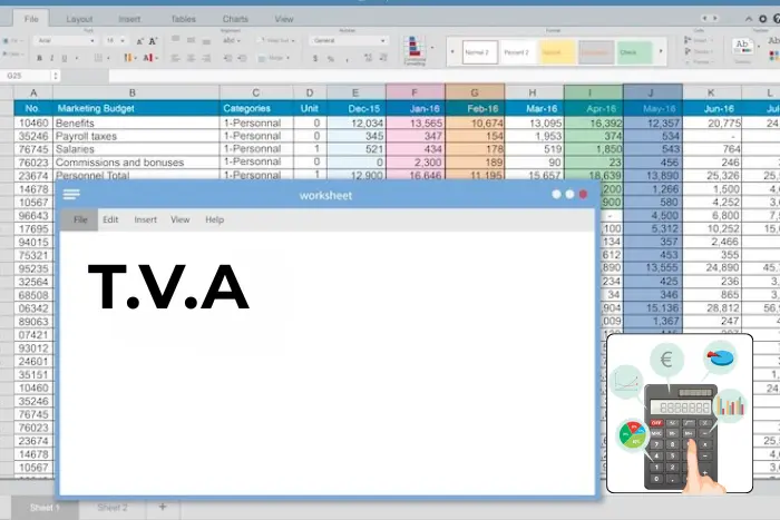 Tableau Excel affichant un budget avec une fenêtre TVA et une calculatrice, illustrant la conversion de montants hors taxes et toutes taxes comprises