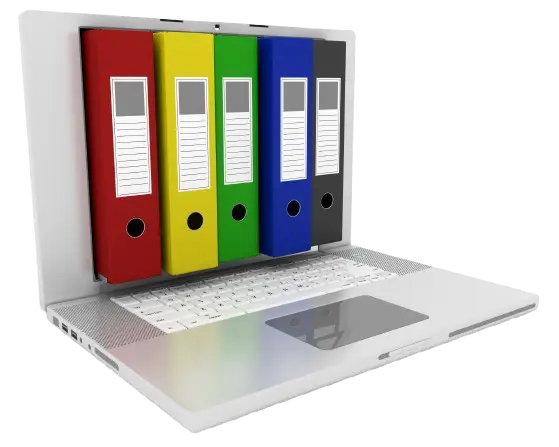 Illustration de cinq classeurs colorés intégrés dans l'écran d'un ordinateur portable, symbolisant la gestion numérique des documents