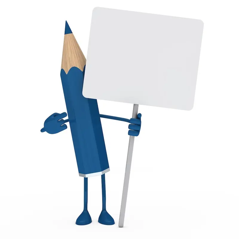 Illustration d'un crayon animé tenant un panneau vierge, symbolisant un quiz de connaissances en ressources humaines