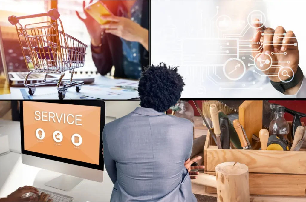 Entrepreneur de dos face à un écran composé de quatre univers métiers : commerce, technologie, service et artisanat, illustrant les pistes pour trouver son idée d'entreprise