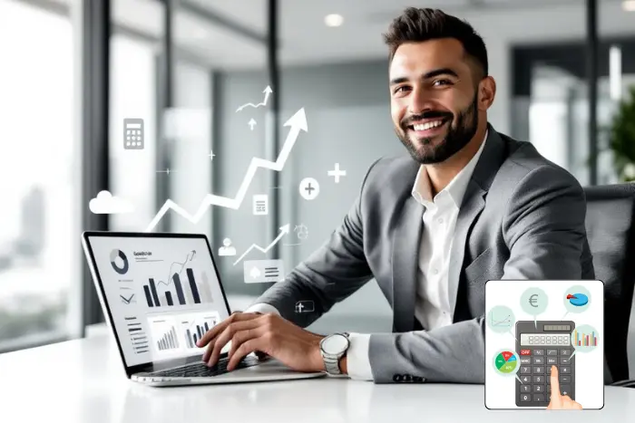 Chef d'entreprise souriant devant un ordinateur portable affichant des graphiques financiers, avec une calculatrice et des indicateurs de croissance illustrant l'analyse du seuil de rentabilité