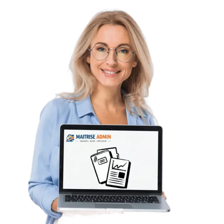 Femme souriante présentant un ordinateur portable affichant le logo et les ressources administratives du site Maîtrise Admin