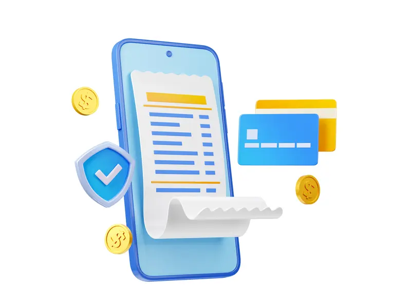 Facturation électronique 2026 sur smartphone avec ticket de caisse, cartes bancaires et bouclier de sécurité