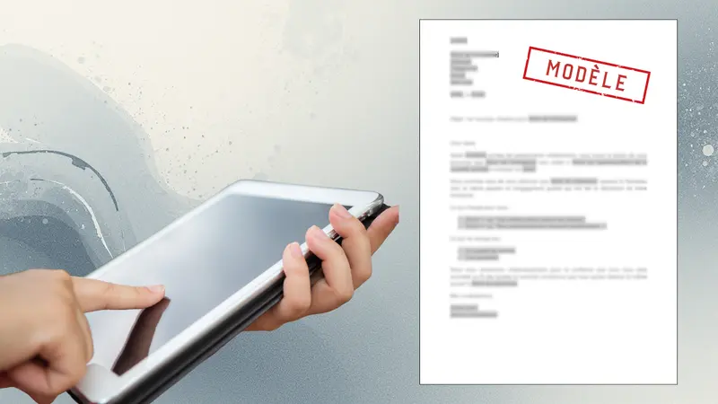 Main tenant une tablette avec à côté un courrier flouté avec un tampon "modèle" illustrant un pack de modèles de documents gratuits pour entrepreneurs