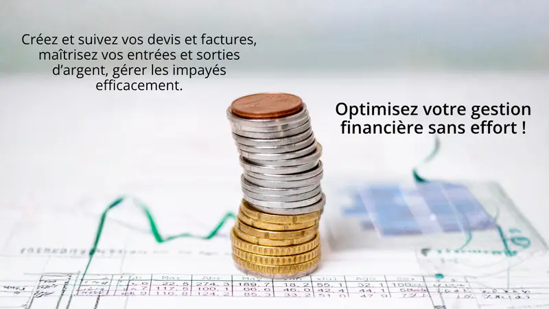 Pièces empilées sur une feuille avec graphique et tableau de chiffres illustrant le pack gestion d'entreprise : facturation, trésorerie, impayés.